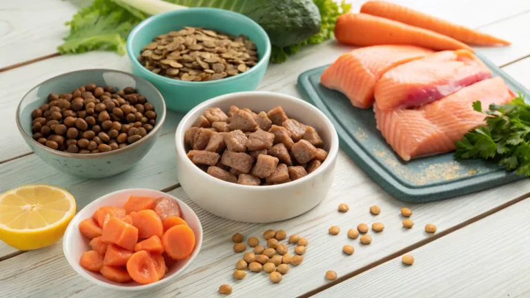 Premium dog food ingredients arranged on white wooden surface including kibble in bowls, fresh salmon fillets, carrots, broccoli, sunflower seeds, lemon, and scattered kibble pieces showcasing natural wholesome nutrition.