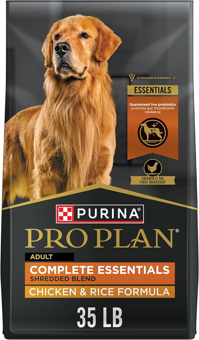 Purina Pro Plan Adult Complete Essentials Shredded Blend Chicken and Rice Formula 35 lb dog food bag with Golden Retriever