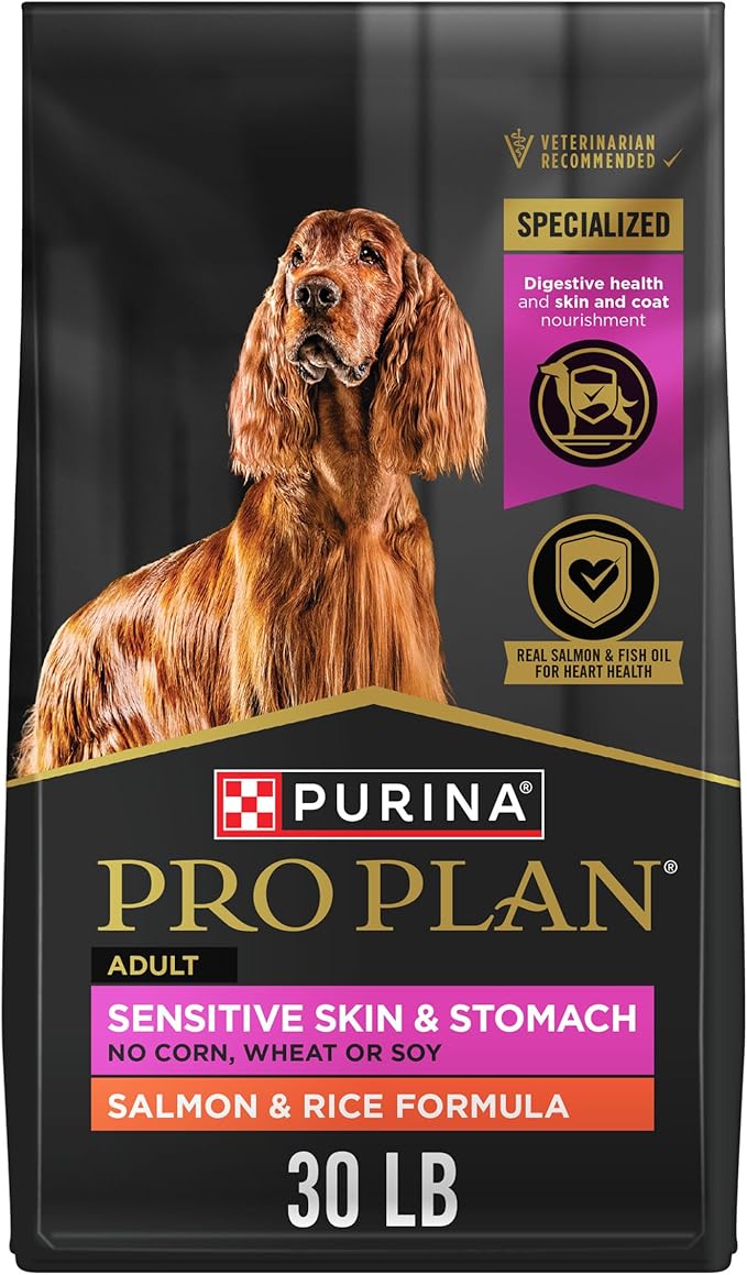 Purina Pro Plan Adult Sensitive Skin & Stomach dog food bag, 30 lb salmon and rice formula, no corn wheat or soy, featuring Irish Setter dog