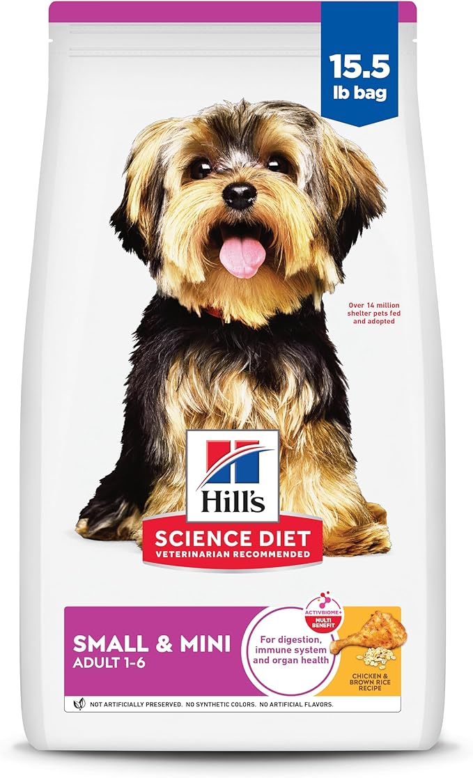 Hill's Science Diet Small and Mini Adult dog food 15.5 lb bag with Yorkshire Terrier on packaging, chicken and brown rice recipe for dogs 1-6 years
