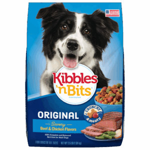 Kibbles n Bits Original Savory Beef and Chicken Flavors dog food bag featuring black and white Border Collie and colorful dual-texture kibble
