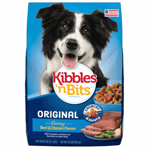 Kibbles n Bits Original Savory Beef and Chicken Flavors dog food bag featuring black and white Border Collie and colorful dual-texture kibble