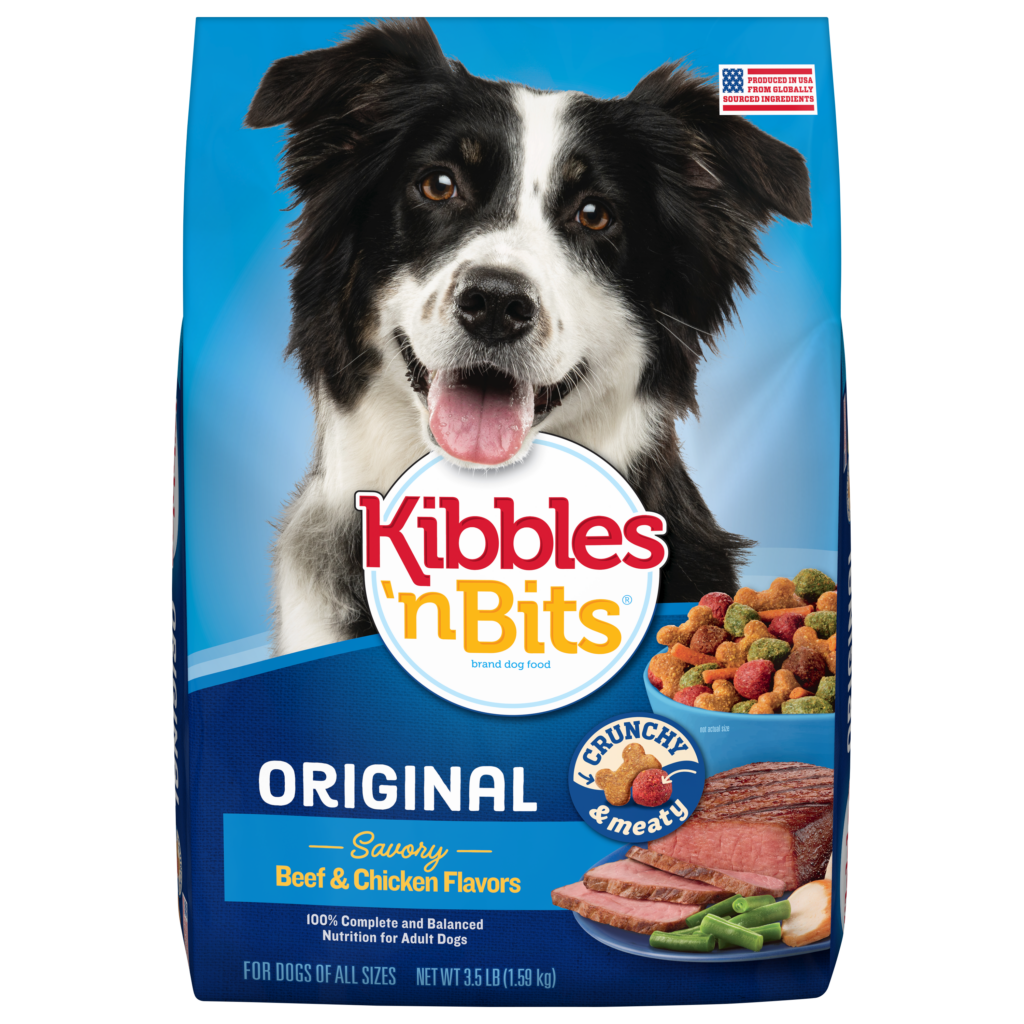 Kibbles n Bits Original Savory Beef and Chicken Flavors dog food bag featuring black and white Border Collie and colorful dual-texture kibble