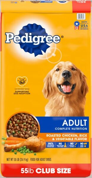 Pedigree Complete Adult dog food bag showing yellow packaging with golden retriever and kibble, 55lb club size roasted chicken rice vegetable flavor"