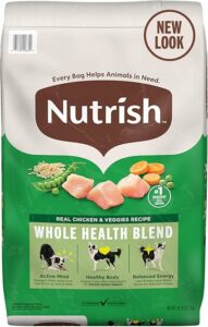 Rachael Ray Nutrish dog food bag featuring Real Chicken & Veggies Recipe Whole Health Blend with green and beige packaging, showing images of chicken and vegetables