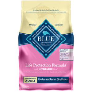 Blue Buffalo Life Protection Formula Small Breed Adult Chicken and Brown Rice Recipe dog food package with LifeSource Bits