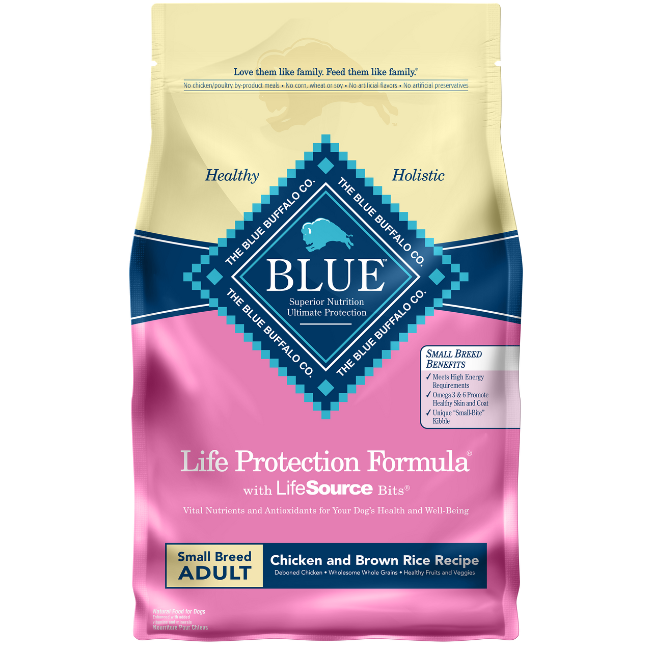 Blue Buffalo Life Protection Formula Small Breed Adult Chicken and Brown Rice Recipe dog food package with LifeSource Bits