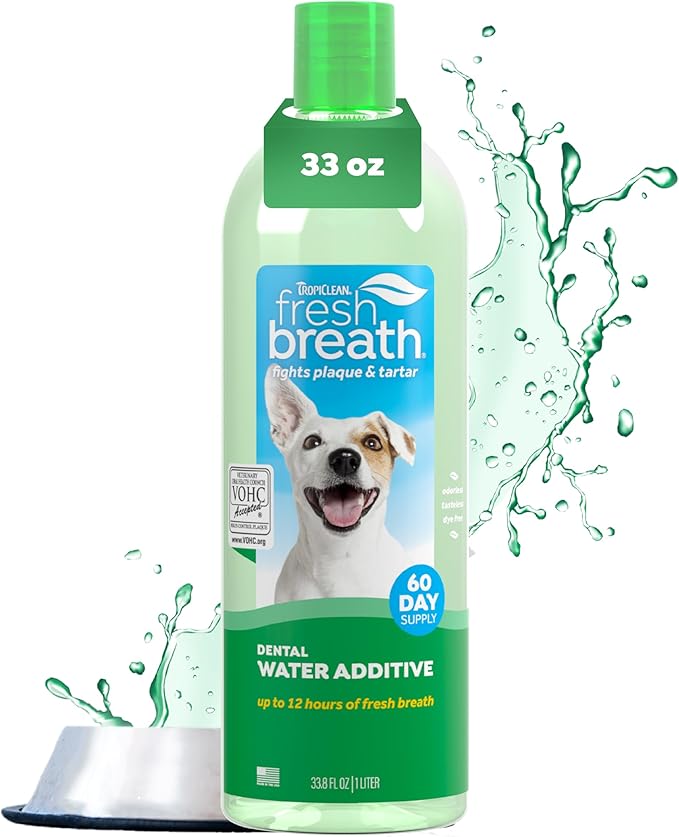 TropiClean Fresh Breath 33oz dental water additive bottle for dogs with VOHC seal and 60-day supply label