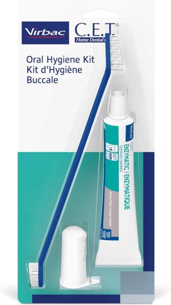Virbac C.E.T. Oral Hygiene Kit with dual-ended toothbrush, finger brush, and enzymatic toothpaste for cats and dogs