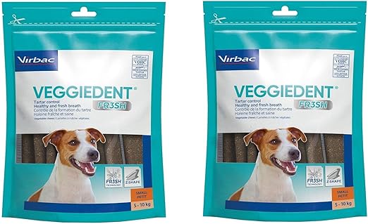 Virbac C.E.T. VeggieDent FR3SH Tartar Control Chews for dogs 5-10 kg, two packages showing Jack Russell Terrier, VOHC approved