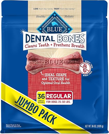 Blue Buffalo Dental Bones Regular size Jumbo Pack 36 bones for dogs 25-50 lbs, natural dental chews that clean teeth and freshen breath