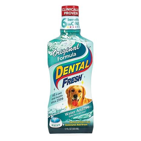 Dental Fresh Original Formula water additive bottle 17oz with clinically proven badge and golden retriever image