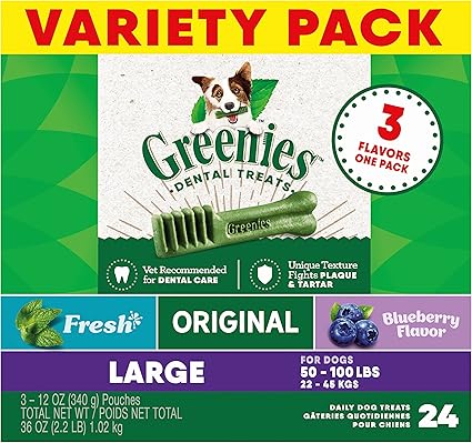 Greenies Dental Treats Variety Pack for Large Dogs 50-100 lbs, 3 flavors Fresh Original Blueberry, 24 treats total, VOHC recommended