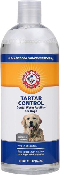 Arm & Hammer Tartar Control dental water additive bottle 16oz with baking soda enhanced formula and golden retriever image