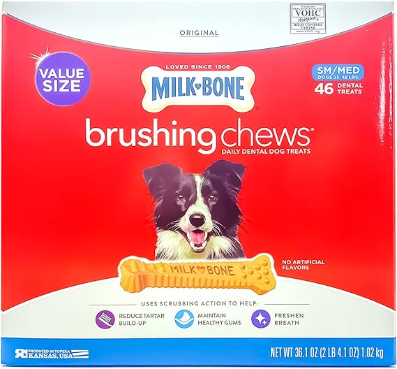 Milk-Bone Brushing Chews Original Daily Dental Dog Treats Small/Medium Value Size 46 count with VOHC seal, featuring Border Collie