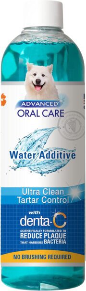 Nylabone Advanced Oral Care water additive bottle with teal liquid, white dog image, and Denta-C formula for tartar control