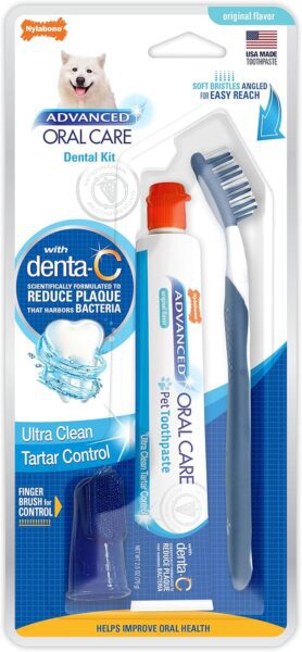 Nylabone Advanced Oral Care Dental Kit with Denta-C formula featuring toothbrush, finger brush, and toothpaste for tartar control in original flavor