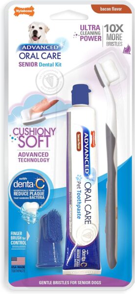 Nylabone Advanced Oral Care Senior Dental Kit with cushiony soft toothbrush, finger brush, and bacon flavor toothpaste for older dogs