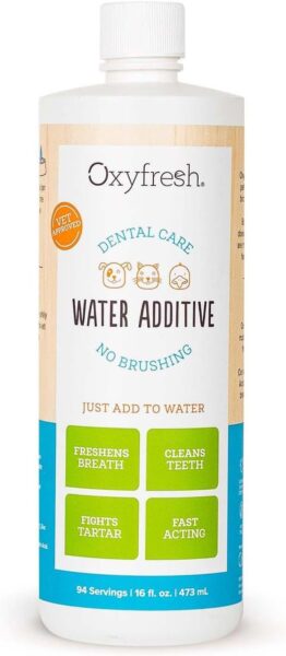 Oxyfresh dental care water additive bottle 16oz with vet approved seal showing pet icons and four benefit badges