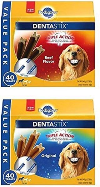 Pedigree Dentastix Value Pack 40 treats each in Beef and Original flavors, Triple Action dental care for dogs, featuring Golden Retriever Title: Pedigree Dentastix Value Pack 40 treats each in Beef and Original flavors, Triple Action dental care for dogs, featuring Golden Retriever