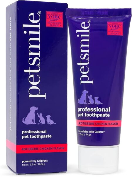 Petsmile Professional Pet Toothpaste with VOHC Accepted seal in rotisserie chicken flavor showing box and tube