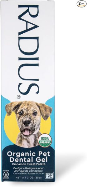 Radius USDA Organic Pet Dental Gel 2-pack with cinnamon sweet potato flavor featuring happy puppy and organic certification