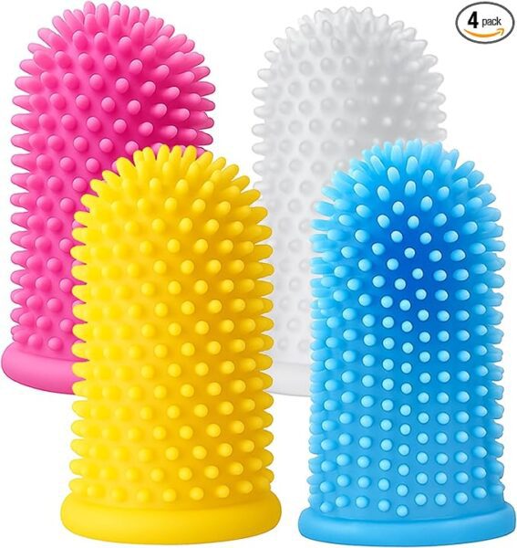 Colorful silicone finger toothbrushes for dogs and cats in pink, yellow, blue, and clear - 4 pack set with textured bristles