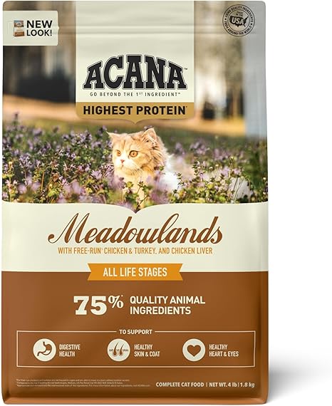 ACANA Highest Protein Meadowlands cat food bag featuring an orange tabby cat in a wildflower meadow, highlighting 75% quality animal ingredients with free-run chicken, turkey, and chicken liver for all life stages.