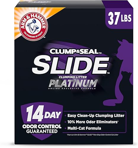 Arm & Hammer Clump & Seal Slide Platinum cat litter box showing 37 lb package with purple and black design, featuring the iconic Arm & Hammer logo and purple cat silhouette, advertising 14-day odor control guarantee and easy clean-up clumping formula