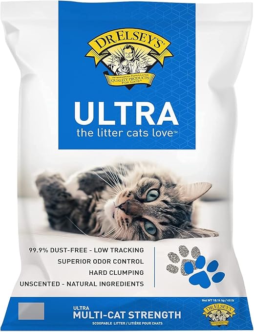 Dr. Elsey's Ultra cat litter package showing blue and white bag with company logo, featuring an adorable tabby kitten lying on its back with blue eyes, and product benefits listed including 99.9% dust-free, low tracking, superior odor control, hard clumping, and unscented natural ingredients