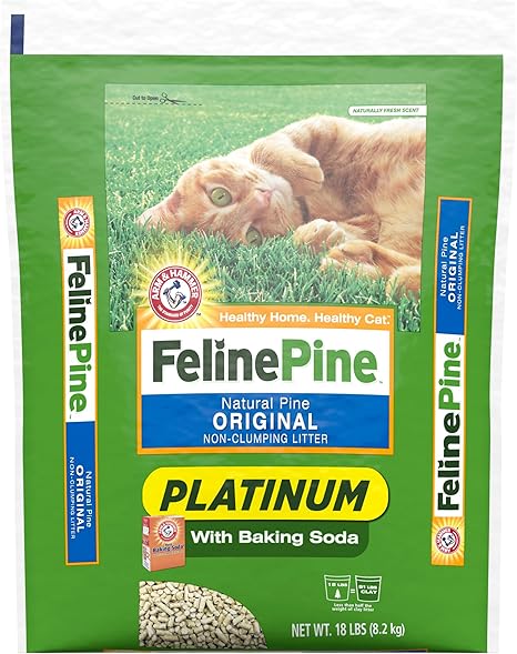 Feline Pine Platinum Natural Pine Original Non-Clumping Cat Litter bag with orange tabby cat, 18 lb package with baking soda