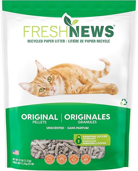 Fresh News Recycled Paper Cat Litter Original Pellets bag with orange tabby cat, unscented formula with ammonia locker technology