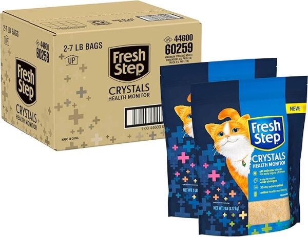 Fresh Step Crystals Health Monitor cat litter shipping box and individual 7 pound bags with orange cat and health monitoring features
