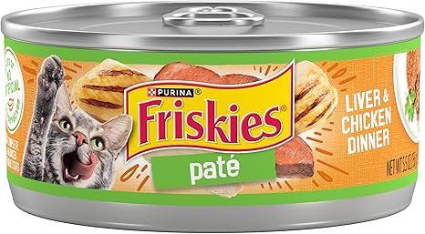Friskies pate wet cat food single can - liver and chicken dinner flavor in 5.5 oz can with playful cats on label