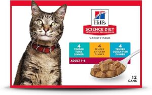 Hill's Science Diet Adult 1-6 wet cat food variety pack with gray tabby cat - 12 count tender dinners in tuna, chicken, and ocean fish flavors