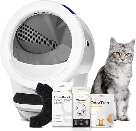 The white and grey Litter-Robot 4 automatic litter box shown with accessories, including liners and odor traps, next to a large silver Maine Coon cat.