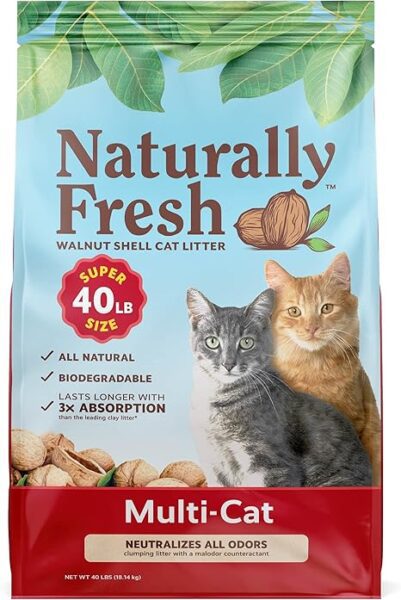 Naturally Fresh Walnut Shell Cat Litter Multi-Cat formula 40 lb bag with two cats, showing all natural biodegradable pellets
