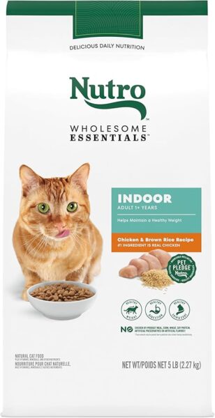 Nutro Wholesome Essentials Indoor cat food bag featuring an orange tabby cat with green eyes next to a bowl of kibble, highlighting chicken and brown rice recipe with natural ingredients and weight management for indoor adult
