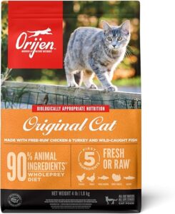 https://geni.ORIJEN Original Cat dry food package featuring a gray tabby cat sitting on a wooden fence, with product details highlighting 90% animal ingredients and biologically appropriate nutrition.us/bru3