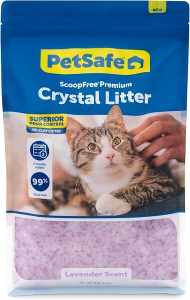 PetSafe ScoopFree Premium Crystal Litter package with tabby cat showing superior odor control, 2 months supply, and 99% dust-free features plus lavender scent crystals
