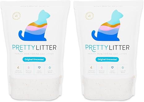 Two bags of PrettyLitter health monitoring cat litter with colorful cat logo and Original Unscented formula labeling