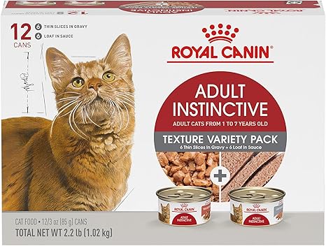 Royal Canin Adult Instinctive wet cat food texture variety pack with orange tabby cat - 12 cans for cats 1-7 years old