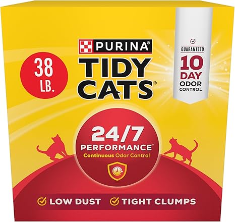 Purina Tidy Cats 24/7 Performance cat litter package in bright yellow and red design showing 38 lb bag with Purina logo, featuring guaranteed 10-day odor control, low dust and tight clumps benefits, with red cat silhouettes