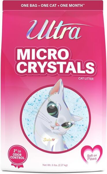 Ultra Micro Crystals cat litter 5 pound bag with white cat illustration showing one bag one cat one month supply and soft on paws formula