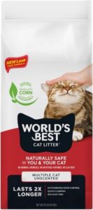World's Best Cat Litter Multiple Cat Unscented bag with tabby cat being petted, showing corn-based natural formula