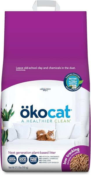 ökocat Natural Wood Clumping Cat Litter 21.5 lb bag with orange tabby cat on white couch, plant-based eco-friendly formula