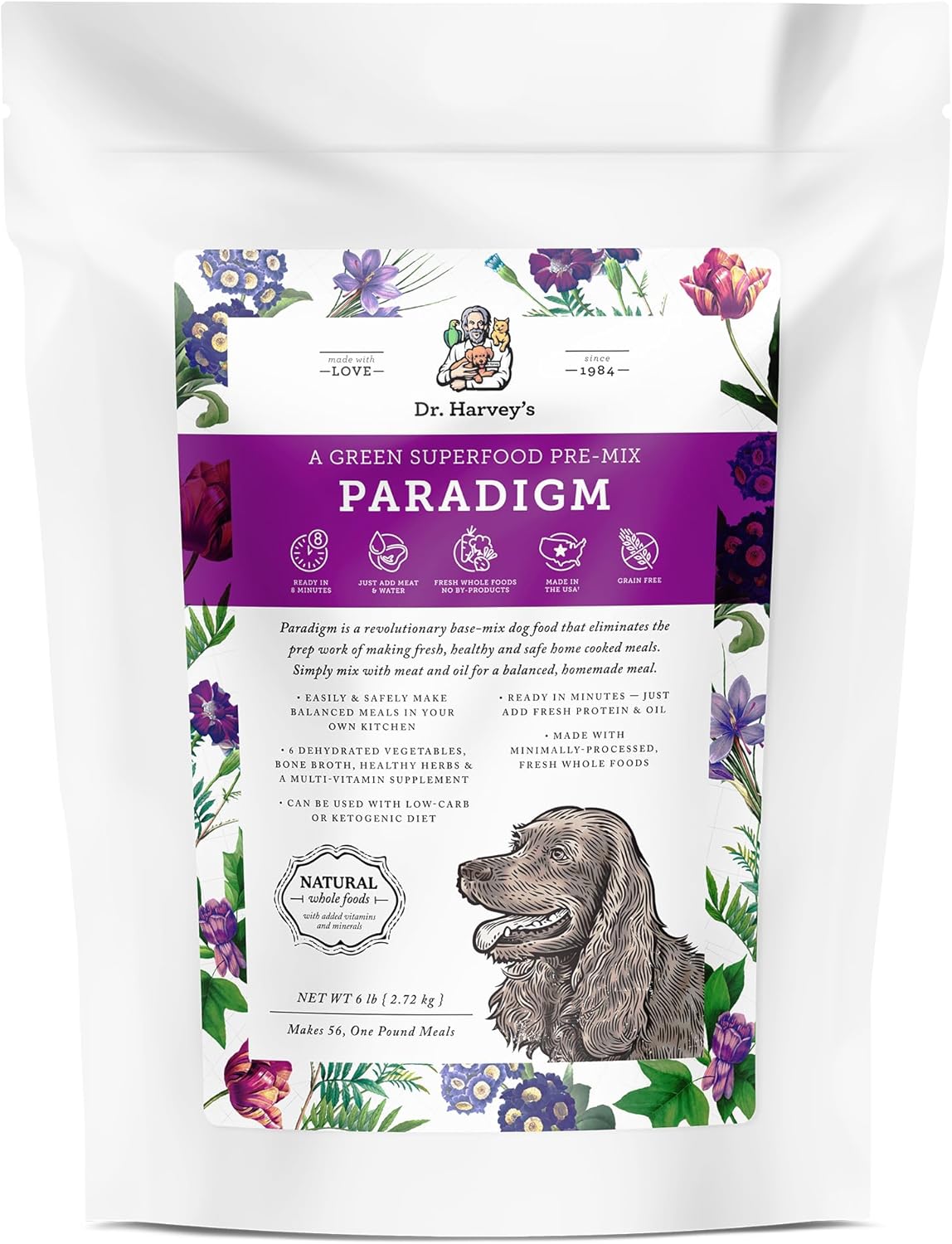 Dr. Harvey's Paradigm Green Superfood Pre-Mix dog food package with purple and white design featuring botanical illustrations and product information