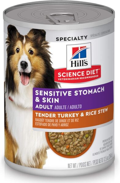 Can of Hill's Science Diet Adult Sensitive Stomach & Skin Tender Turkey & Rice Stew, a veterinarian-recommended specialty dog food.