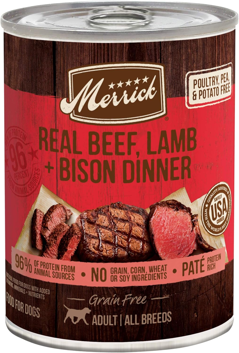 Merrick Real Beef, Lamb + Bison Dinner canned dog food, 96% protein from animal sources, grain-free pâté for adult dogs.