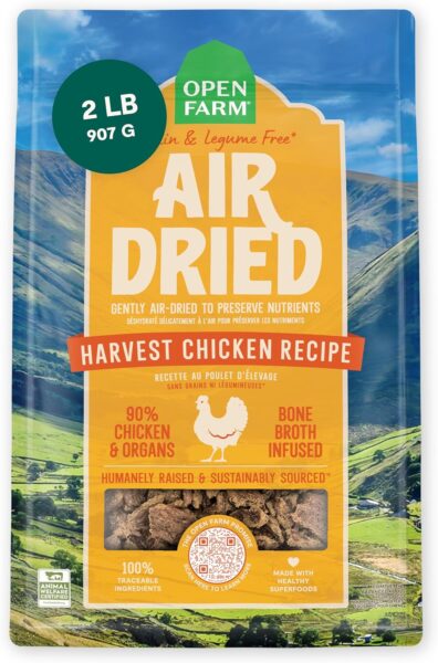 Open Farm Harvest Chicken Recipe air-dried dog food package showing 90% chicken and organs with bone broth infusion and mountain landscape background